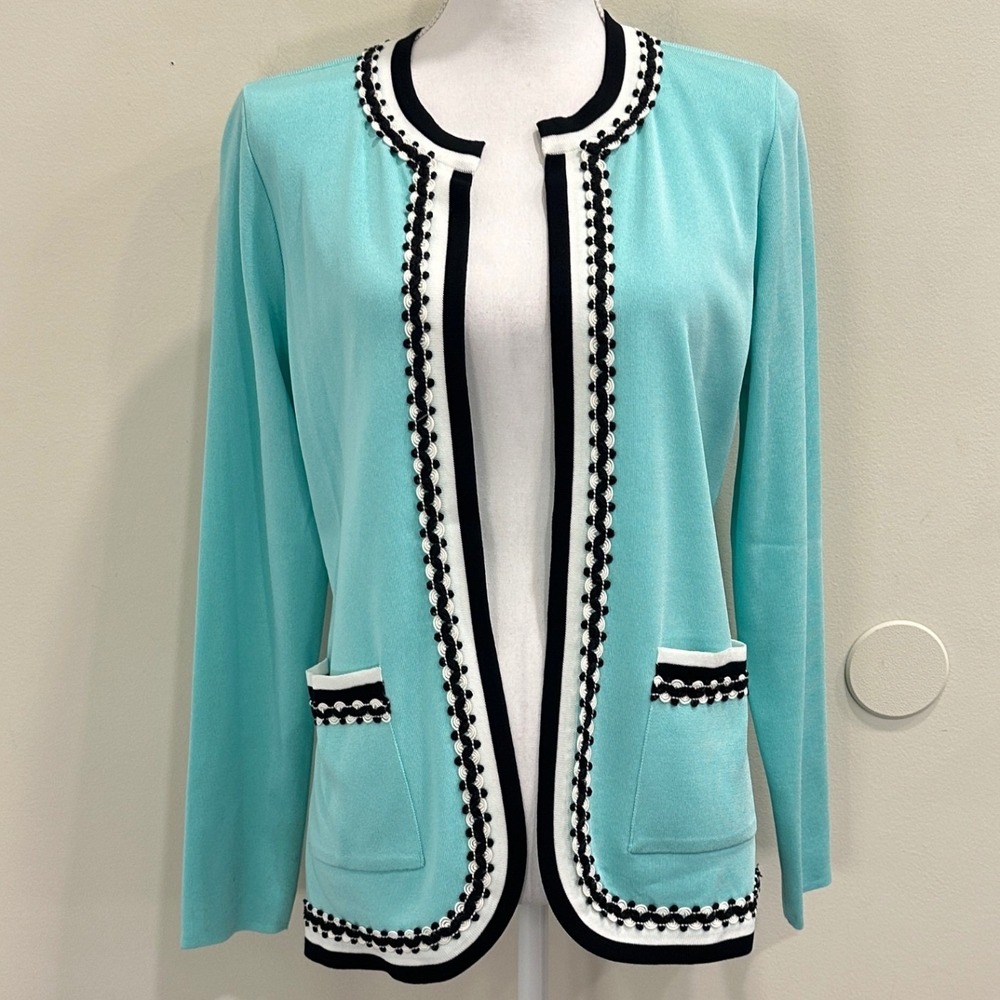 Misook Turquoise Stretch Knit Cardigan Jacket Contrast Trim Open Front Small